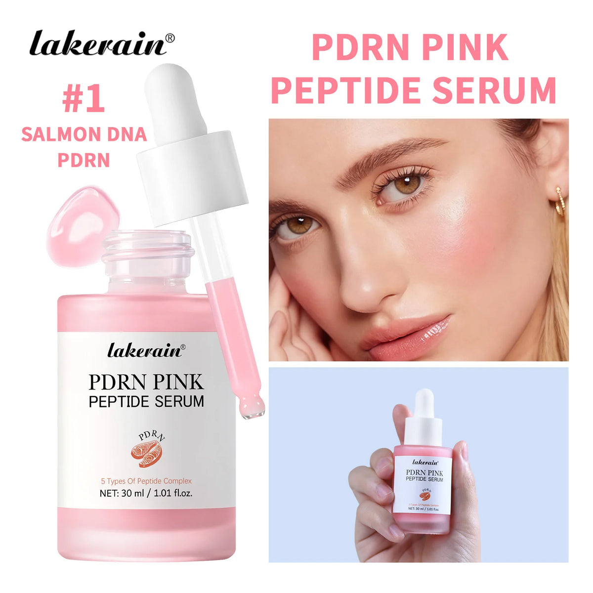 30ml Salmon PDRN Pink Peptide Facial Serum Deep Moisturizing Long-Lasting Hydration Pink Glow Serum Even Skin Tone Korean Skinca